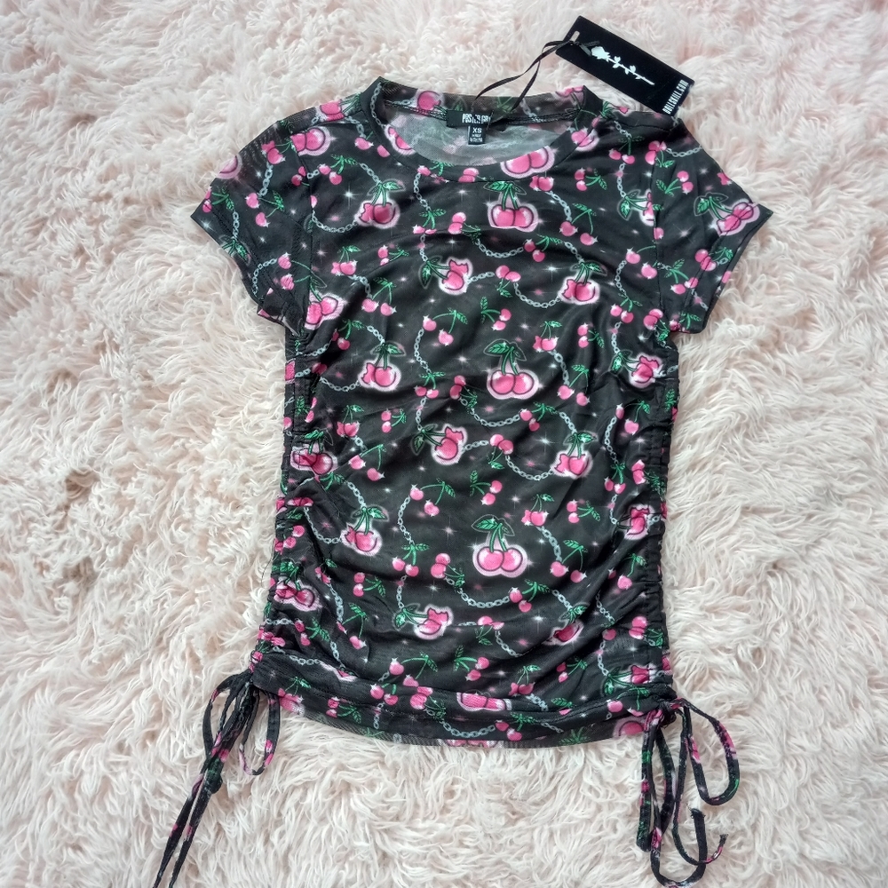 SOLD! Dolls Kill cherries ruched baby doll top! Sheer mesh kawaii cute nwt top! - Picture 2 of 13